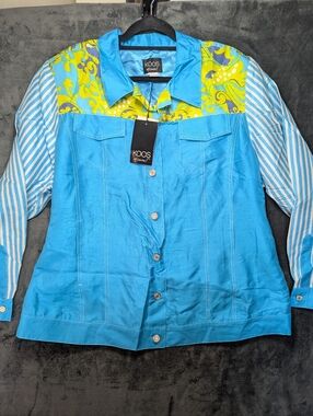 Koos of Course Turquoise Button-Up Shirt with Yellow Floral Yoke